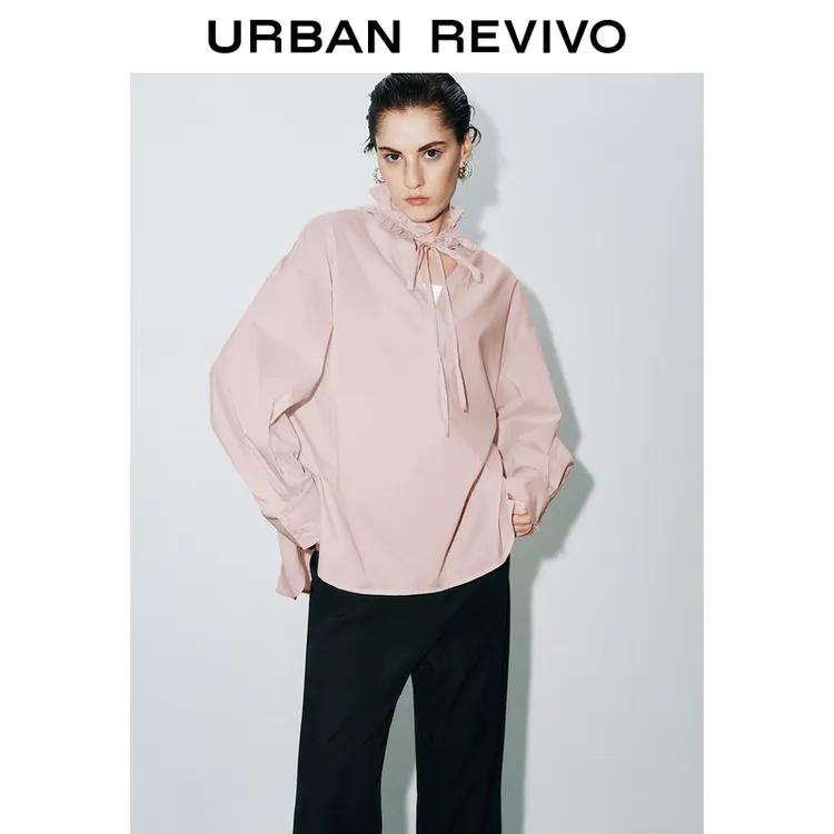 UR2026春季新款女装魅力气质荷叶领系带罩衫衬衫UWG250209