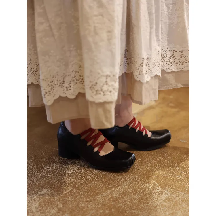 复古文艺浅口玛丽珍鞋女2026春季舒适单鞋子交叉绑带粗跟芭蕾舞鞋
