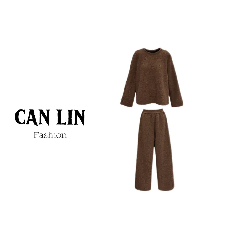 CAN LIN秋冬款圆领长袖上衣松紧腰直筒裤时尚套装慵懒风百搭通勤