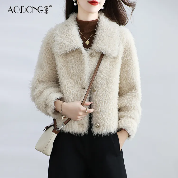 海宁颗粒绒皮草外套女短款一体保暖时尚年轻款加厚羊羔毛大衣冬季