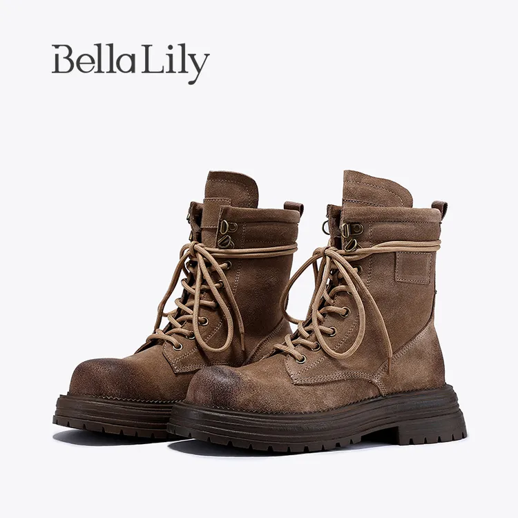 BellaLily秋冬款帅气牛皮马丁靴女英伦风中筒靴透气工装靴