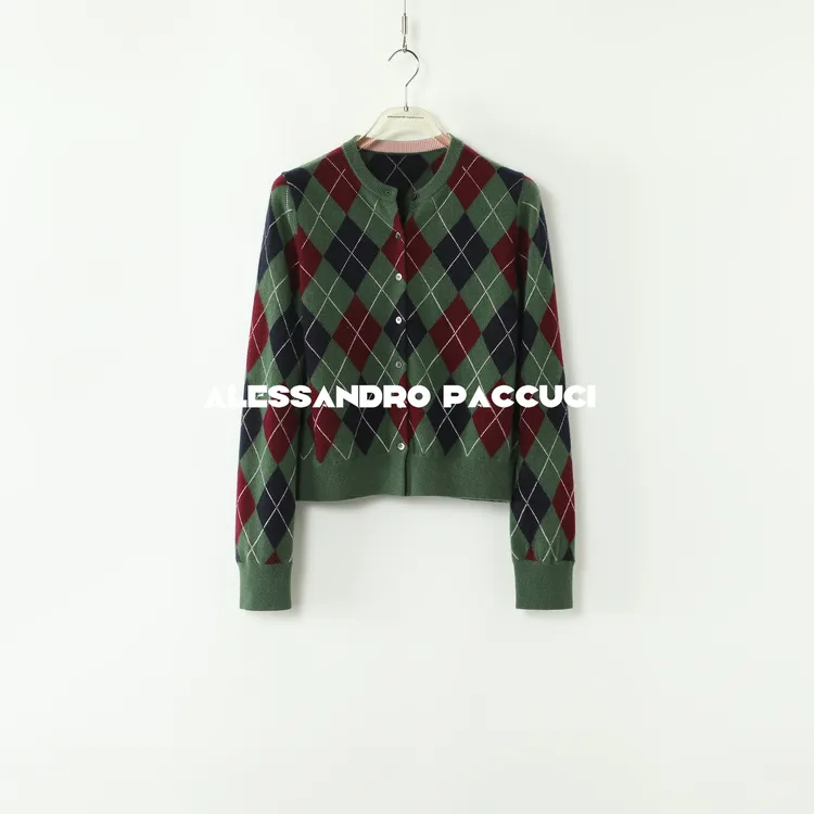 AP洛哥43114SK/-1【威萨姆森林】100羊绒菱格嵌花时尚针织开衫