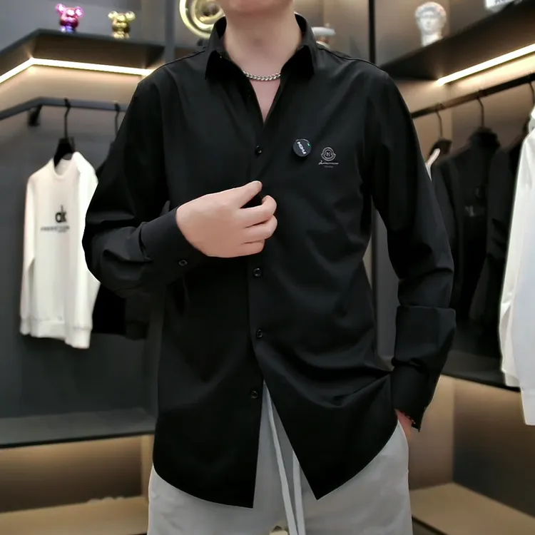 欧洲站2025春秋简约休闲衬衫黑色男翻领商务西装内搭衬衣上衣