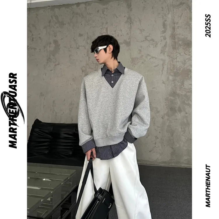 MARTHENAUT小众原创时髦精假两件卫衣衬衫拼接层次感男女同款上衣