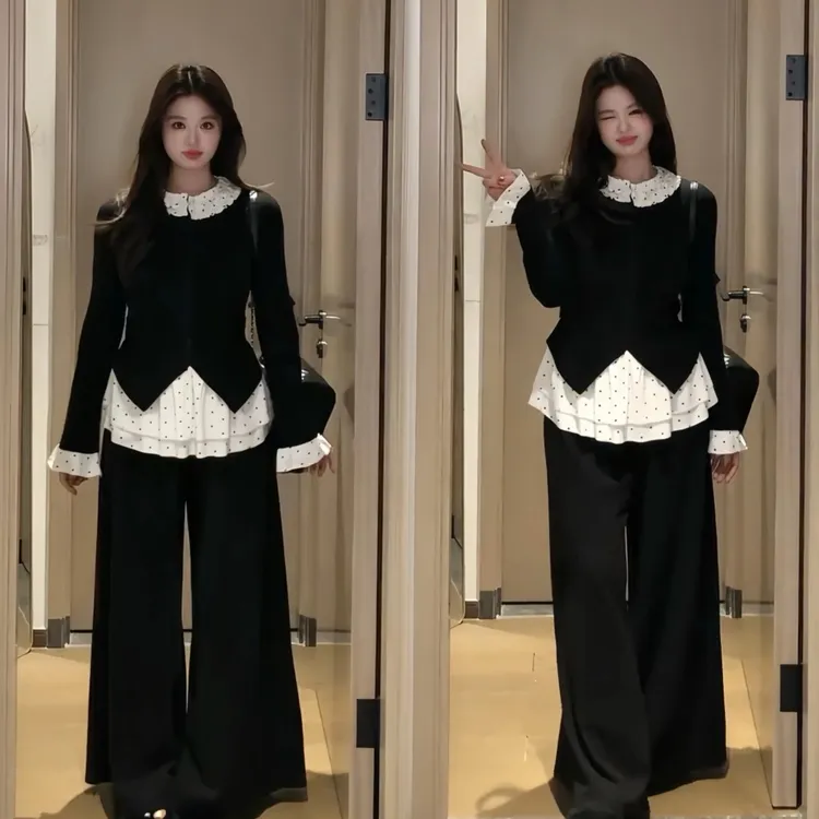 新款大码千金风加绒波点假两件长袖t恤宽松高腰显瘦阔腿裤套装