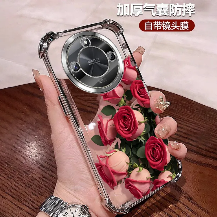 适用荣耀X50手机壳女款透明防摔X50pro硅胶自带镜头膜X50GT玫瑰花