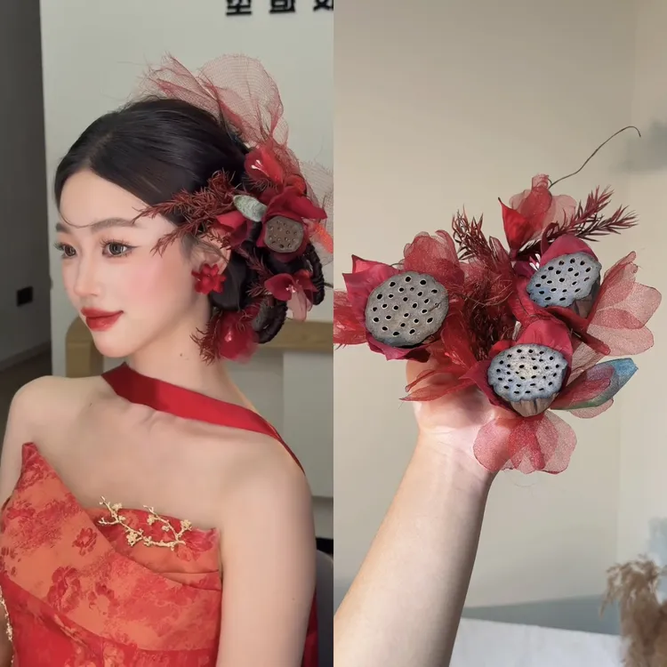 T7078新款新中式国风仿真莲蓬发夹新娘婚纱礼服头饰造型