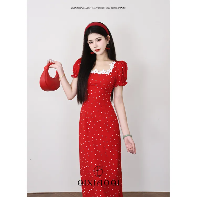 七小七Sicily【弗拉明戈】法式明媚气质感复古红色甜美波点连衣裙女