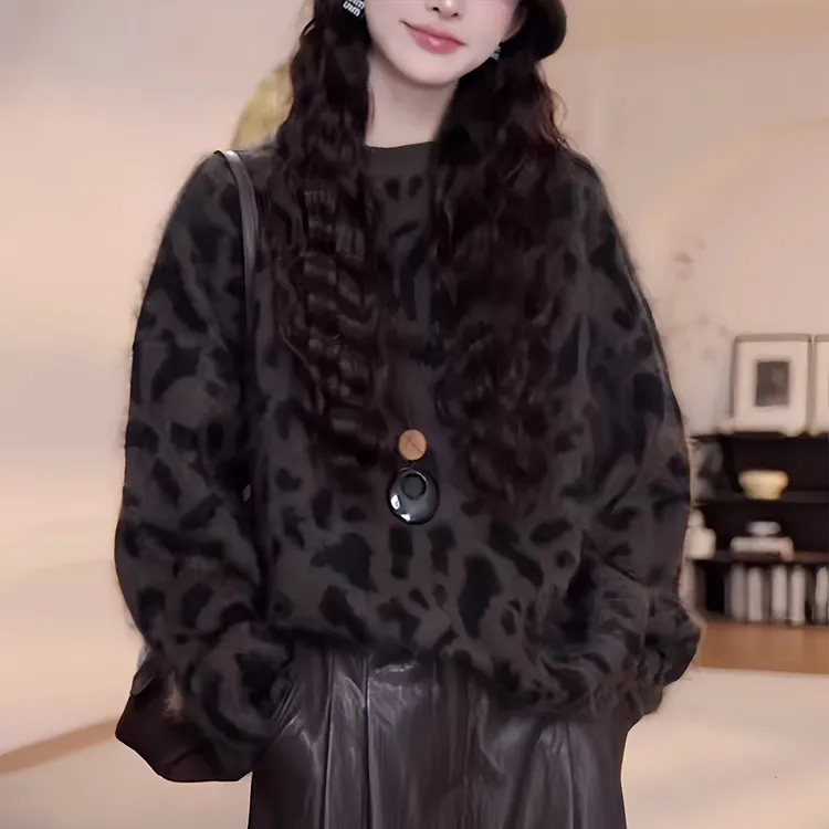 秋冬季豹纹毛衣慵懒高级感宽松显瘦减龄洋气加厚外穿针织衫上衣女