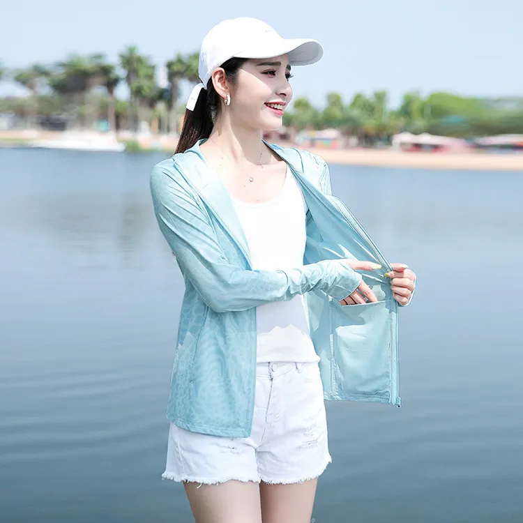 数码女印花透气连帽冰丝遮阳防晒衣防紫外线弹力长袖夏季薄款速干