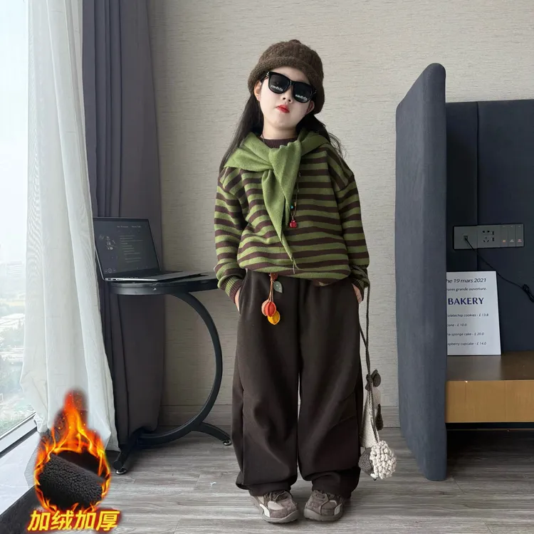 女童秋冬季韩版条纹披肩毛衣中大童加厚毛呢糯米裤弯刀裤套装潮