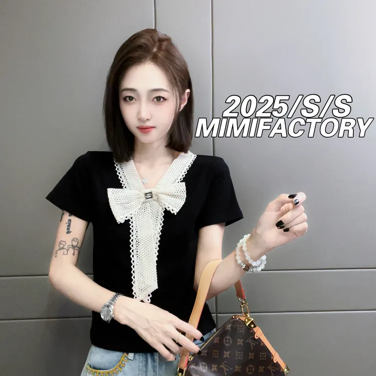 芈芈 2025夏季新款 蕾丝拼接V领短袖T恤女时尚百搭显瘦上衣5065#