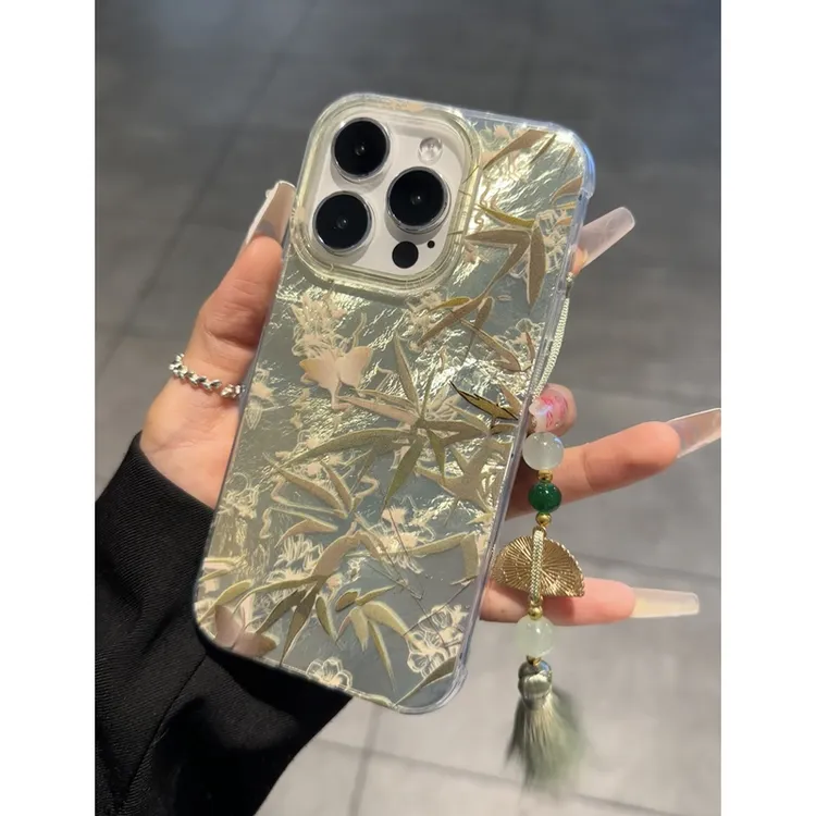 新中式古风绿竹蝴蝶适用苹果17Promax手机壳16冰川纹14创意13防摔