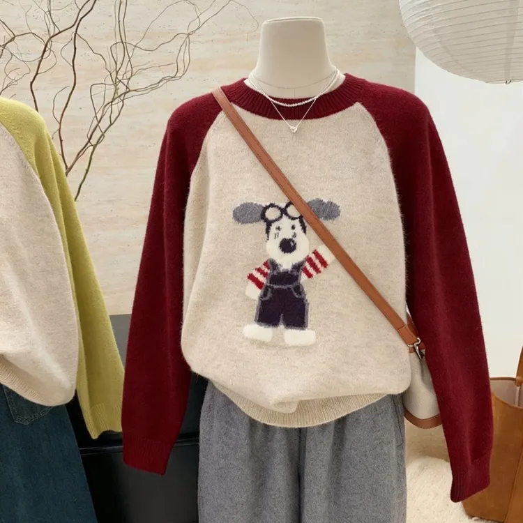 【80-180斤】复古撞色小狗提花圆领新年毛衣女秋冬时尚减龄针织上衣