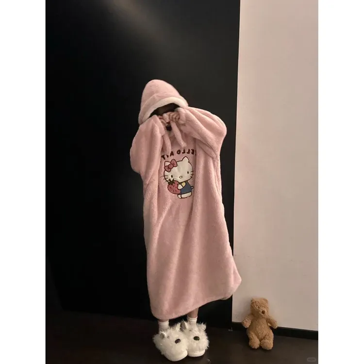 可爱草莓Kitty连帽珊瑚绒睡袍女冬季加绒加厚保暖睡裙家居服外穿