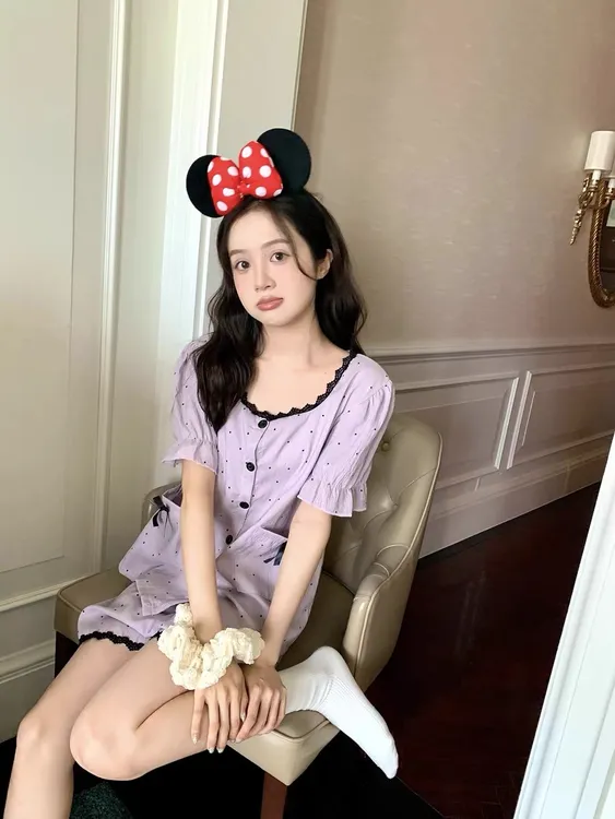 2025新款女大学生睡衣女夏季蕾丝短袖短裤波点复古风家居服套装