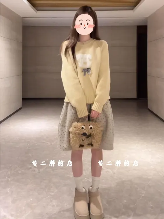 独特漂亮冬装一整套学院风套装女蝴蝶结小狗毛衣碎花半身裙两件套