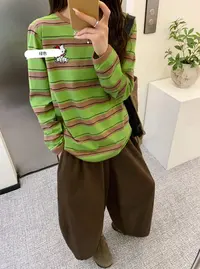小雅姐姐  韩系简约百搭卡通刺绣撞色领口条纹打底衫 KD87