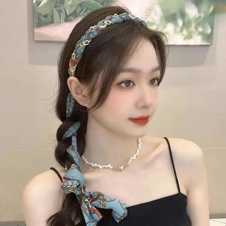 2025新款复古链条国潮缎面布艺发箍小众设计飘带仙女编发女神头箍商品图