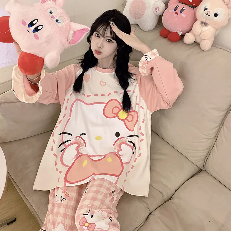 纯棉睡衣女士长袖薄款春秋季少女款加大码胖mm学生可爱家居服套装