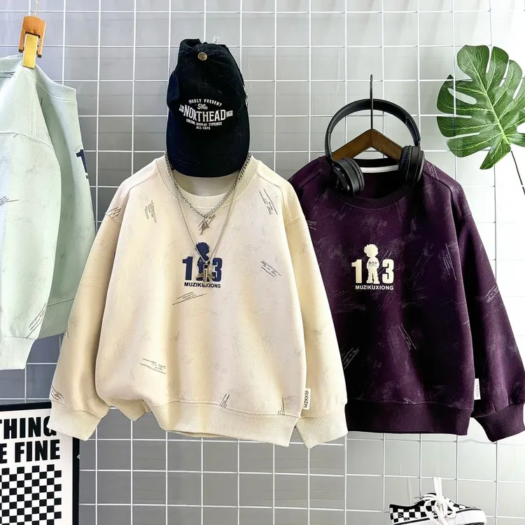 秋季新款男童圆领卫衣数码发泡印花扎染拼接洋气百搭宽松韩版潮服