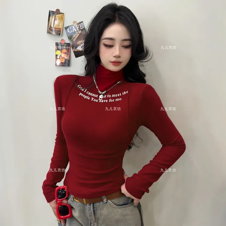 【XLLL专属】2025新款秋冬加绒磨毛半高领字母印花打底衫上衣女修身T恤1129