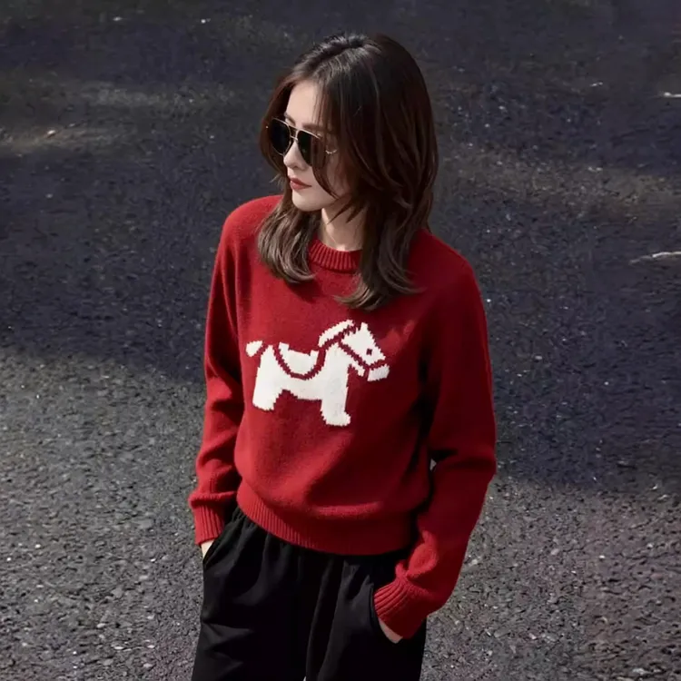 甜美可爱小马提花针织衫女秋冬新款新年红圣诞慵懒风软糯百搭毛衣
