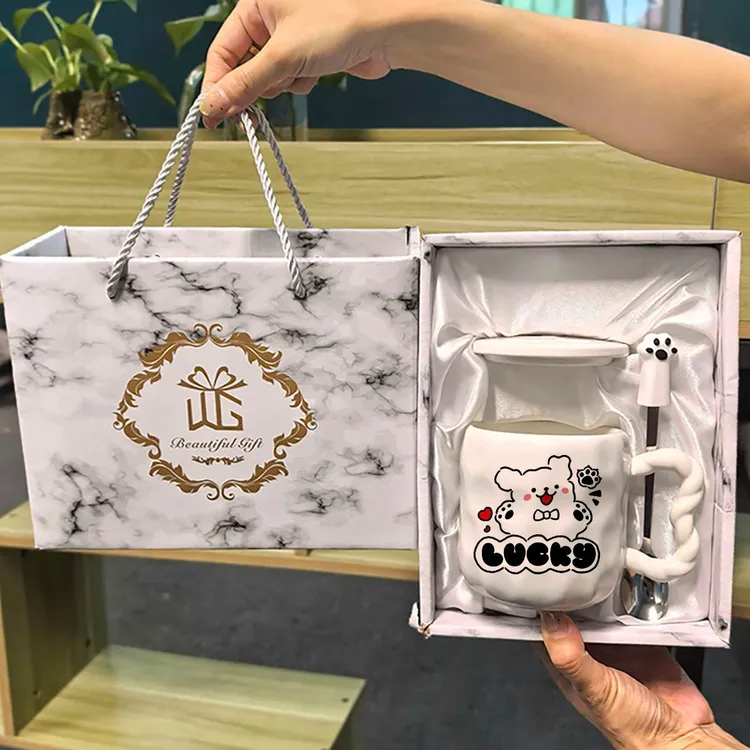 创意fufu线条小狗带盖陶瓷杯高颜值情侣水杯送女生伴手礼生日礼TL