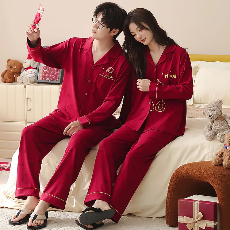 本命年情侣睡衣秋冬季纯棉新款长袖长裤开衫红色喜庆家居服两件套