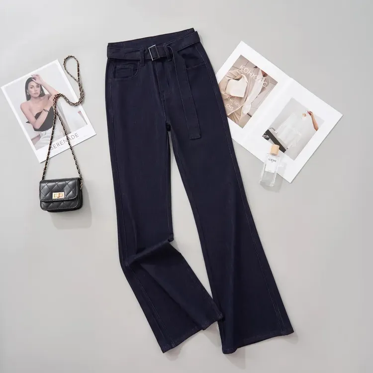 【V腰漫画腿】丹宁蓝牛仔裤女2025新款腰带紧身喇叭裤显瘦提臀1016