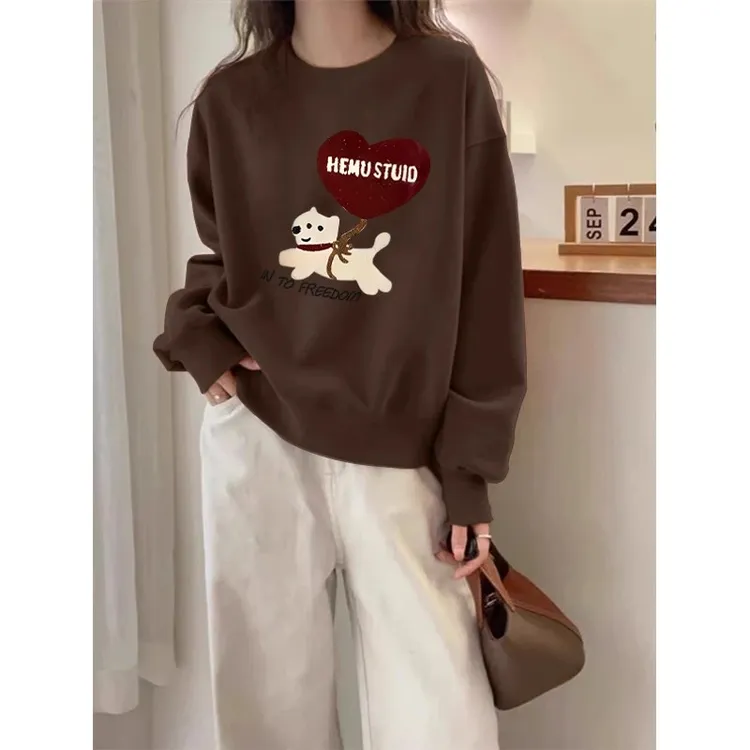 加绒加厚款无帽套头圆领卫衣女宽松休闲咖色上衣2026新款秋冬季