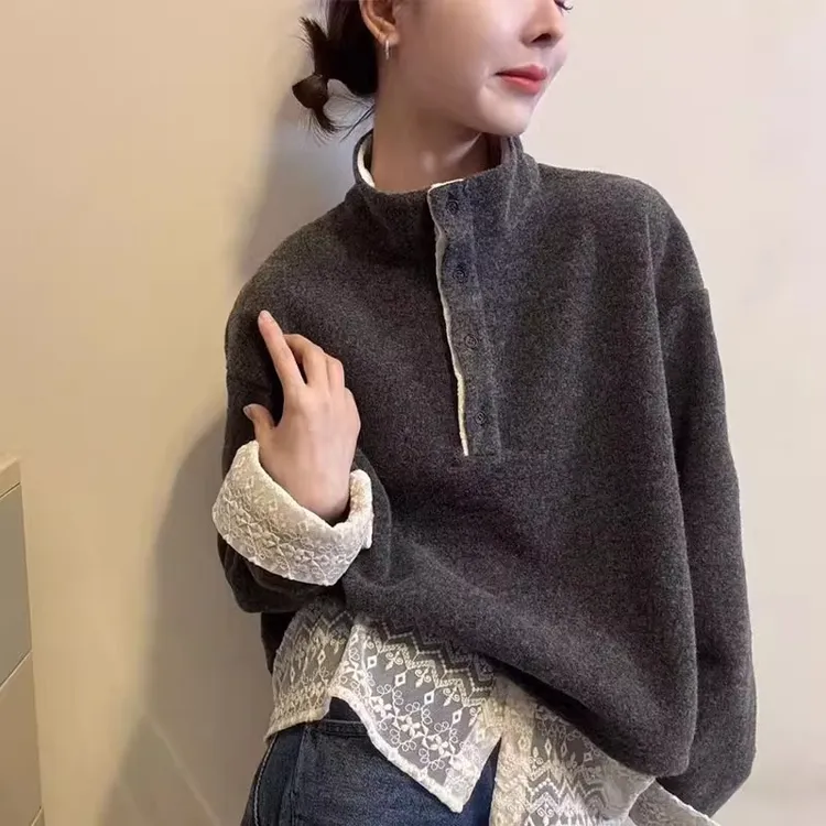 时尚加绒厚款卫衣女2025冬季款韩系蕾丝下摆网红洋气百搭保暖上衣