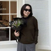 Ms.Qnn“小棕条”100羊毛亨利领条纹撞色显瘦百搭针织衫 52T210 Q姐