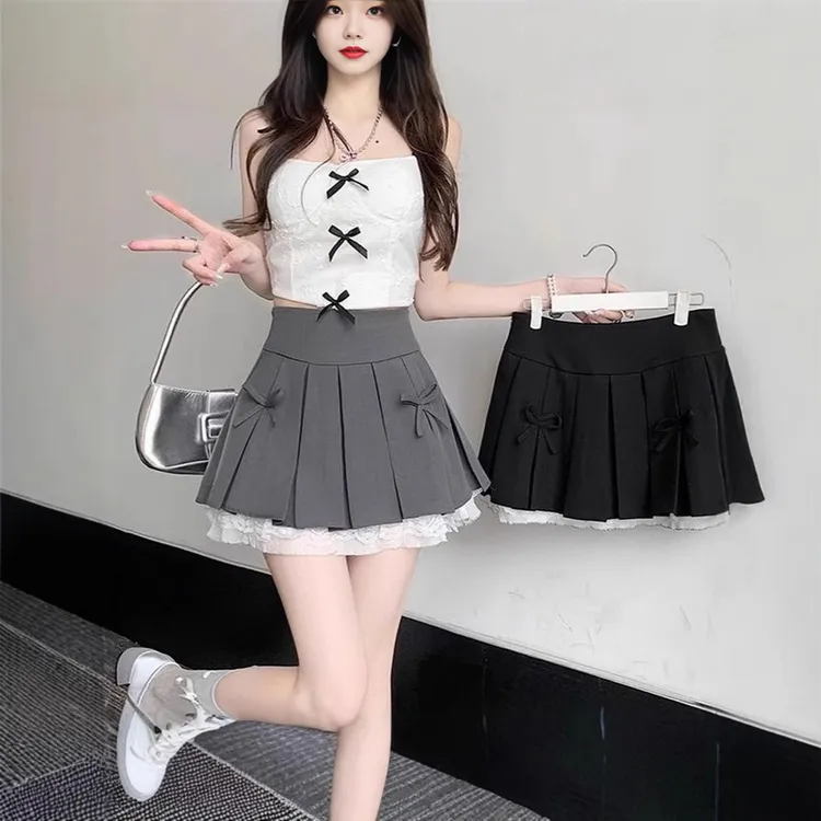 辣妹蝴蝶结蕾丝边黑色半身裙女春秋新款高腰气质百褶裙显瘦短裙子
