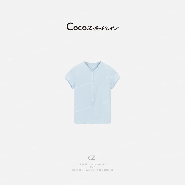 COCO ZONE 刘一一 莱塞尔绵羊毛混纺纯色立领休闲短袖T恤CD2A0566