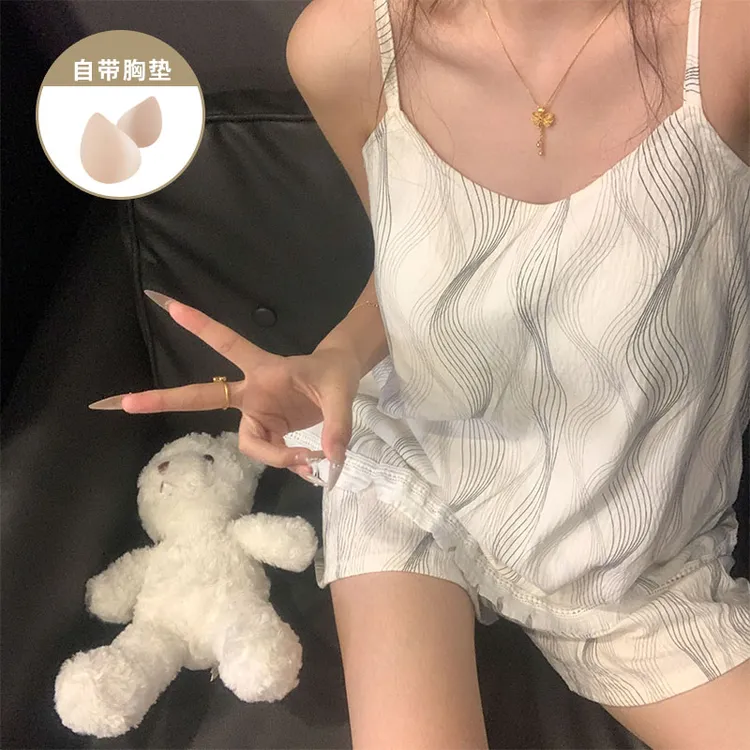 夏季爆款带胸垫吊带睡衣女款复古风条纹女士休闲家居服套装可外穿