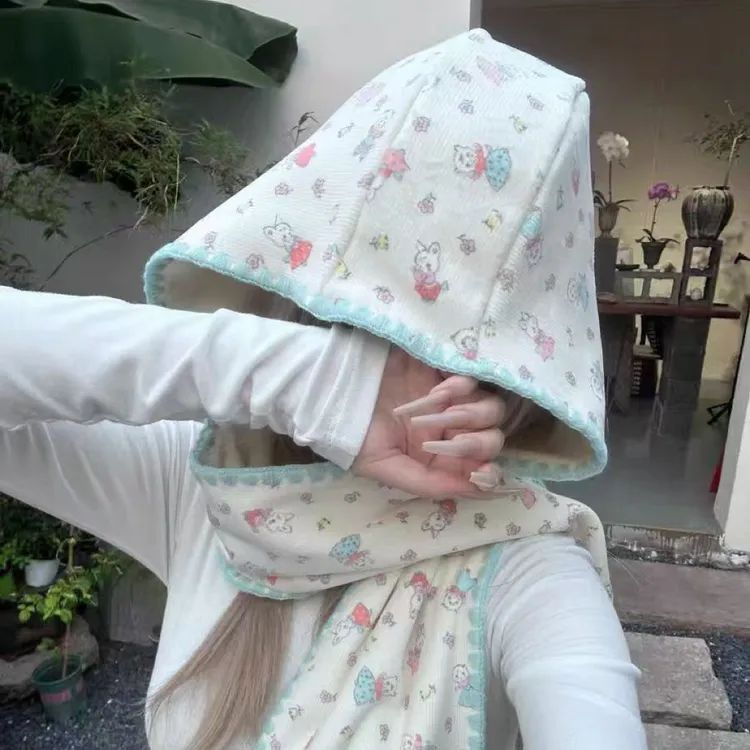 森林·臻选【AB面可爱萌兔】帽子围巾一体冬围脖连帽式披肩