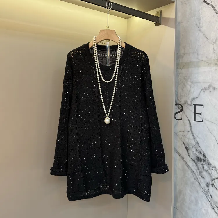 早秋新款韩系圆领镂空微透设计感长袖大码女装宽松显瘦上衣7843