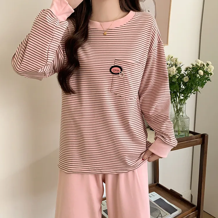 圆领睡衣女款春秋冬季2025新款双面德绒粉色条纹打底上衣保暖套装