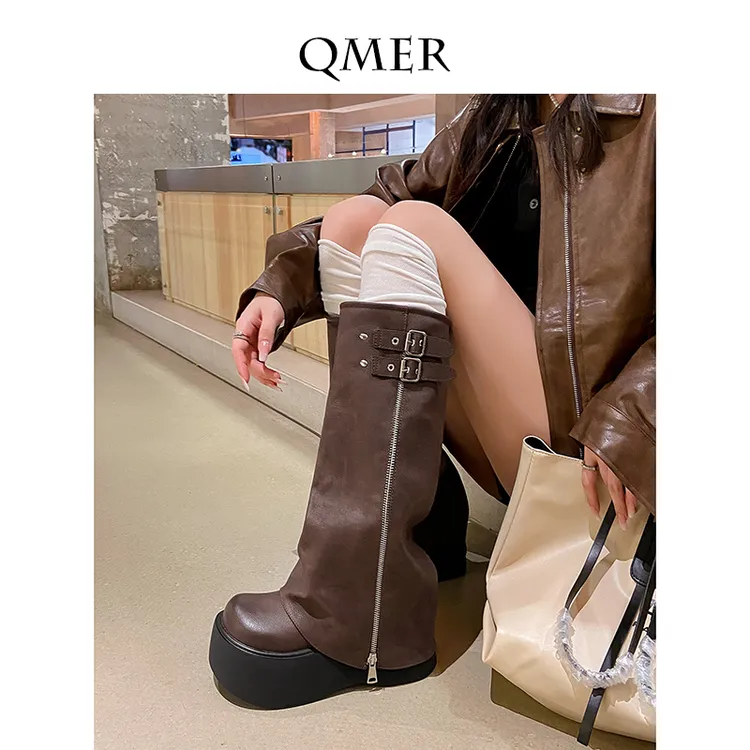 秋美儿欧美风辣妹长靴女厚底大筒围粗腿西部牛仔骑士靴胖MM裤管靴