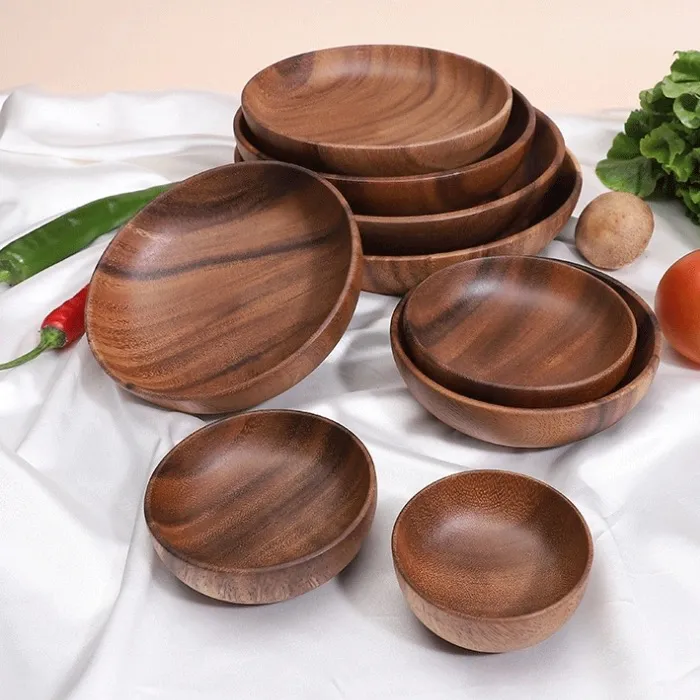 相思客厅木盘圆形深果盘手工实木质矮砣平底碟整木复古家用大盘子