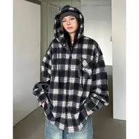 404MOB磨毛加厚刺绣连帽衬衫外套2025秋冬美式慵懒风格子长袖衬衫