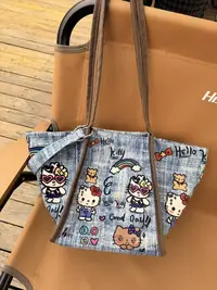牛仔凯蒂元宝包休闲百搭单肩斜挎包托特包磁扣动物拼图动漫布包
