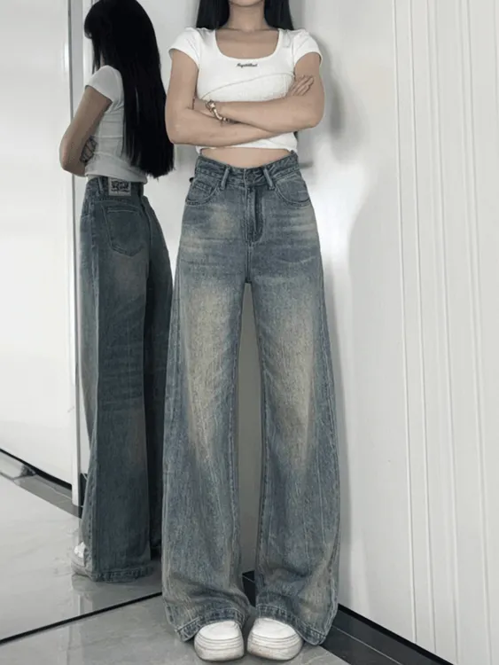 美式复古直筒牛仔裤女秋季新款胖妹妹mm高腰宽松显瘦慵懒感阔腿裤