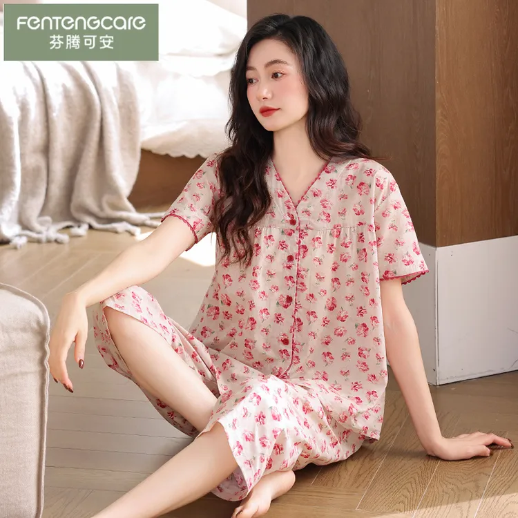 芬腾可安短袖2025新款春秋款七分裤睡衣女士家居服短袖梭织棉纱布