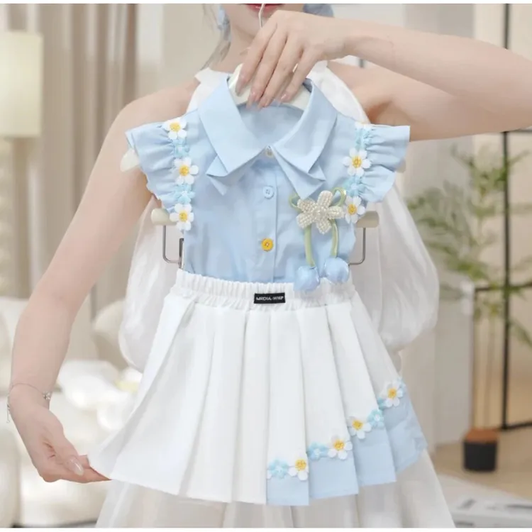 【现货】童装女童套装2025夏款女宝洋气小飞袖花朵上衣百褶裙两件套