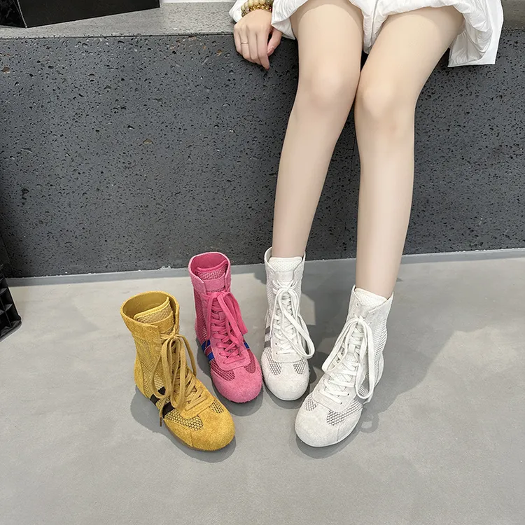 隐形6cm内增高拳击鞋女2025春夏新款网纱透气高帮德训鞋休闲短靴