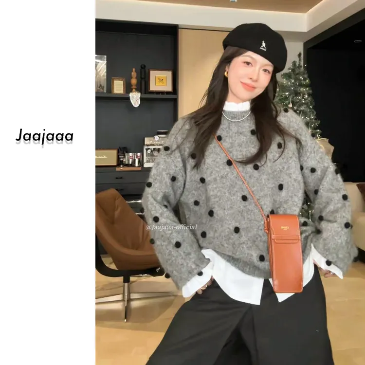 Jaajaaa珍珠奶茶  小众设计长袖法式流苏针织套头羊毛针织衫/EEAF