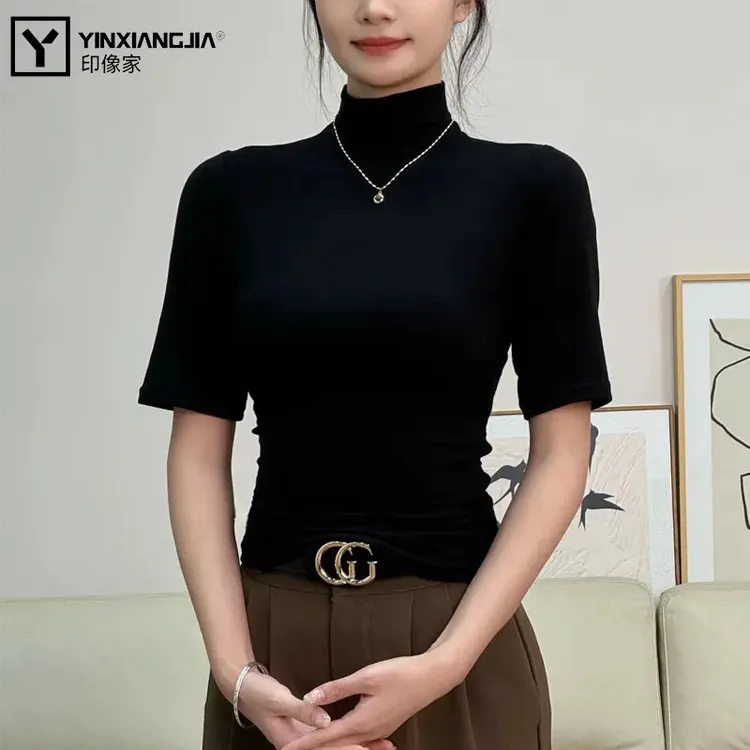 印像家2025夏季黑色半高领中袖五分袖t恤女修身百搭高档打底上衣