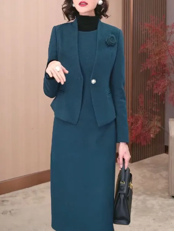 简约时尚职场文艺套装2025冬季新款轻奢减龄洋气百搭外套+马甲裙